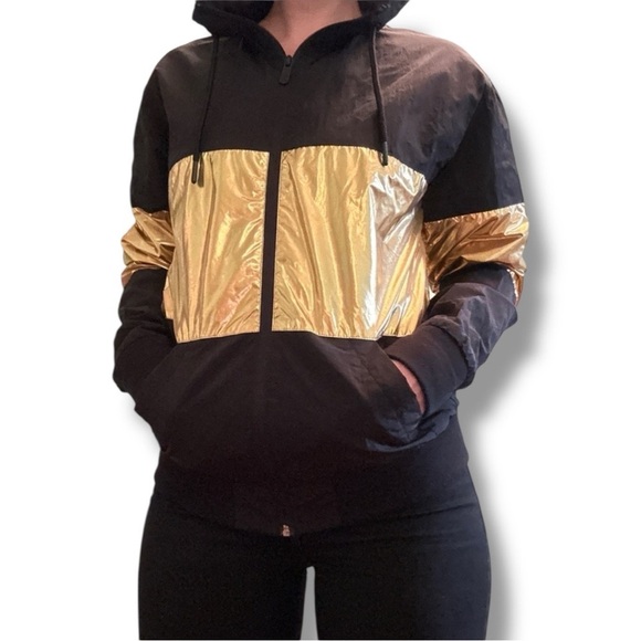 CSG Black Hooded Bomber Jacket with Bold Gold Color-block Women’s Size SP Goth - Picture 1 of 7
